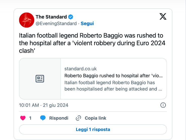 Il tweet dell'Evening Standard - Ilromanista.it