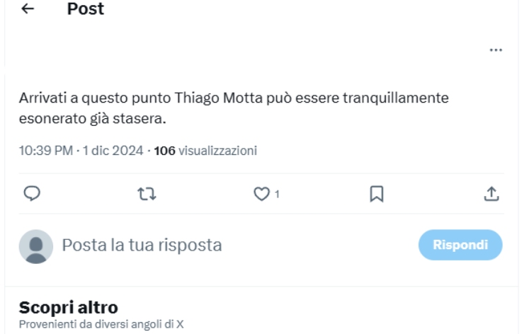 Tweet Motta - X - Ilromanista.it