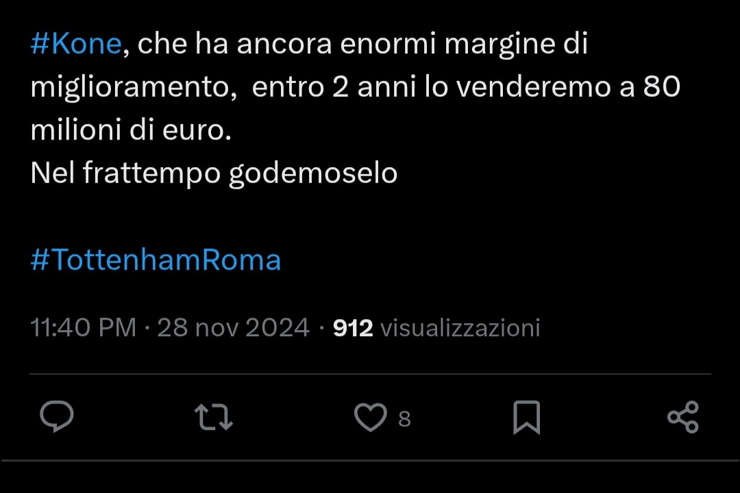 Il tweet che riguarda Koné - Screenshot X - Ilromanista.it