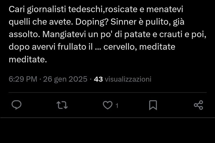 Il tweet che riguarda Jannik Sinner - Fonte X - Ilromanista.it