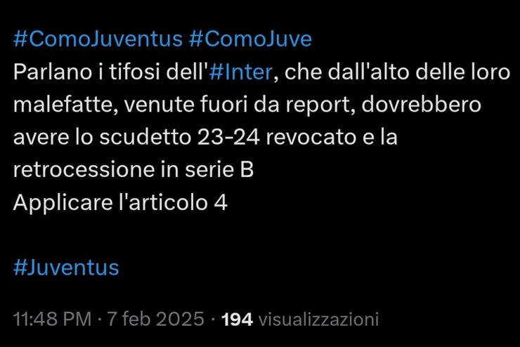 Il tweet che riguarda l'Inter - Fonte X - Ilromanista.it