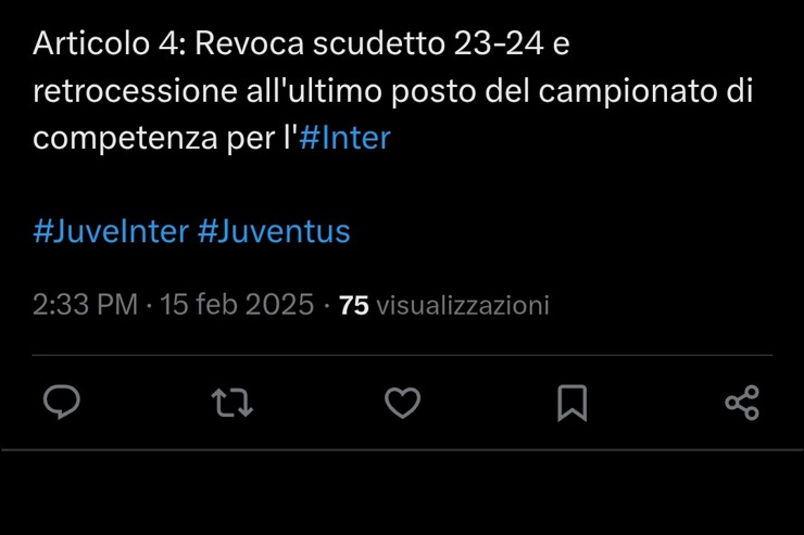 Il tweet che riguarda l'Inter e lo Scudetto - Fonte X - Ilromanista.it